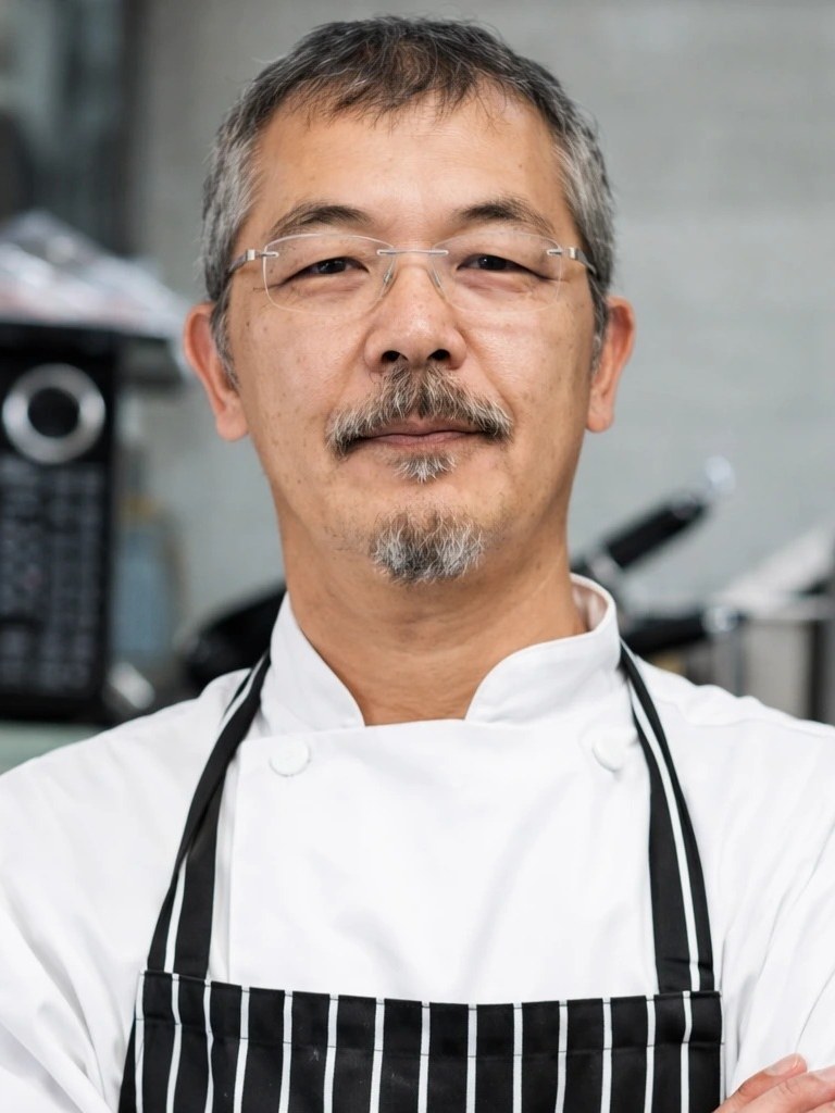 Yasuaki Chida in chef whites and a striped apron, arms folded, in a kitchen
